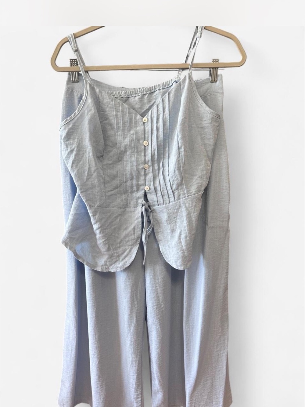 Light Blue Two-Piece Linen Set - Sleeveless Button Top & Wide Leg Pants